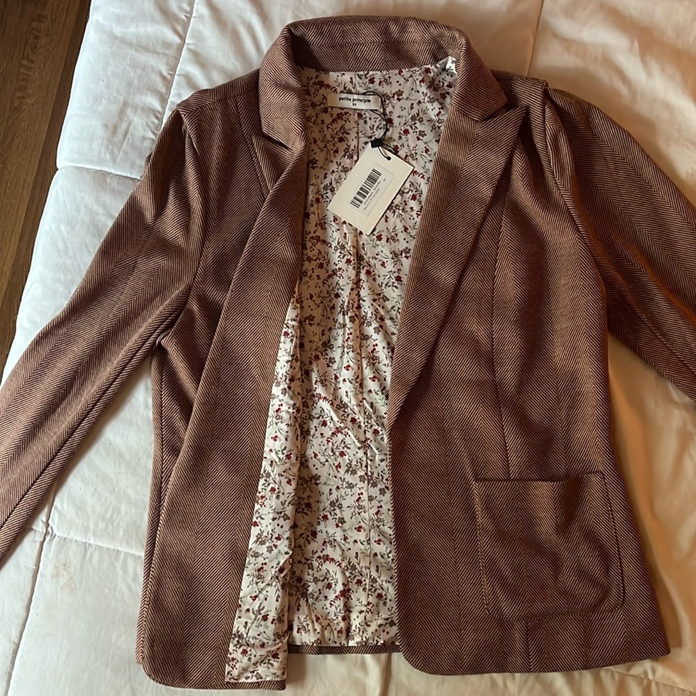 Brown Herringbone Blazer with Floral Lining